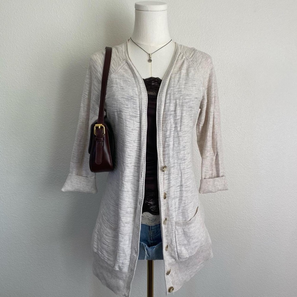 MOSSIMO Supply Co Heather White Sweater Cardigan Buttons 3/4 Sleeve Pockets